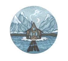 Winter nature and mountains, trees and house in the snow. High quality illustration photo
