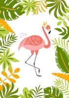 trópico flamenco tarjeta. exótico tropical selva lluvia bosque brillante verde palma árbol, monstera hojas, rosado flamenco pájaro. linda verde frontera marco modelo en blanco antecedentes vertical vector ilustración.