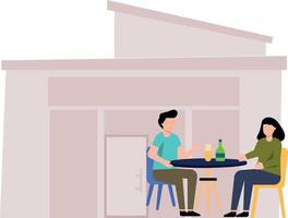 A boy and a girl are sitting at a table in a restaurant. vector