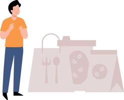 A boy stands next to a food parcel. vector