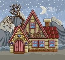 Winter night landscape with decorated house building. Merry christmas and happy new year. Holiday time. . High quality illustration photo