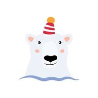 White polar bear swims in the sea. Bear head in a hat with a pom-pom. Cute baby illustration vector