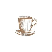 Hand drawn vintage coffee and cup vector illustration. A cup of coffee or latte or cappuccino and tea. Pencil drawn in vintage engraving style. Isolated on a white background.