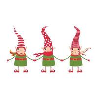 Christmas elves 3 stand holding hands. Cute new year illustration for children vector