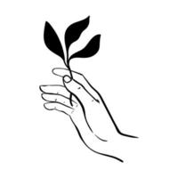 mano participación un hoja icono como un símbolo de producto, productos cosméticos y comida ecología. vector