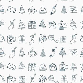Christmas seamless pattern with New Year icons in green. Christmas symbols of fir trees, cups, letters, hats, gifts and sweets in endless print vector