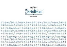 Merry Christmas and happy new year vector poster or greeting card design with hand drawn doodles elements.  Xmas banner with blue gradient.