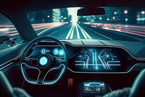 Artificial Intelligence Manages Transport. Technological Car without a Driver. AI and Automobile Future Cyber Illustration photo