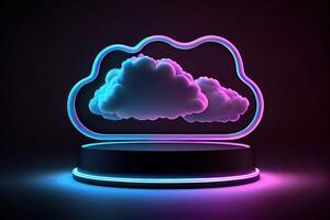 Podium with Neon Lights. Purple Blue Cloud Pedestal, photo