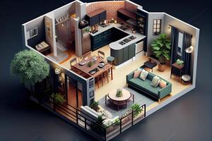 piso plan de un hogar 3d ilustración, abierto vivo habitación generativo ai foto