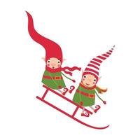 Elves are riding on a sled from a slide. Christmas mood. Adorable new year childrens illustration vector