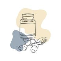 Vector illustration of a jar with pills or vitamins drawn linearly. Boho concept treatment, dietary supplements, vitamins or pills