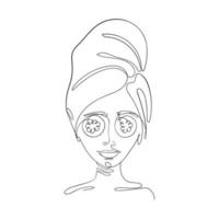 Girl with a towel on her head and cucumbers in her eyes is drawn by one endless line. Cosmetic procedures at home, skin care vector