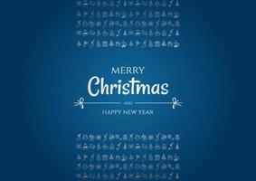 Merry Christmas and happy new year vector poster or greeting card design with hand drawn doodles elements.  Xmas banner with silver gradient on blue background.