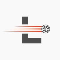 deporte coche letra l automotor logo concepto con transporte neumático icono vector