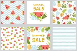 Watermelon set. Summer seamless patterns, cards. Pineapple, watermelon, palm tropical leaves posters. Summer sale text. Bright background collection template, tropical flyers. Vector illustration.