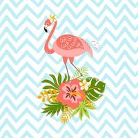 Pink flamingo, hawaii tropical leaves bouquet on geometric lines zigzag background. Summer tropic Summer party tropic background. Graphic summer fabric design. Exotic floral vector illustration.