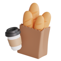 Stangenbrot mit Kaffee 3d Abbildungen Symbol png