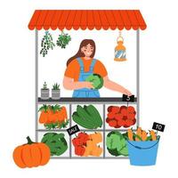 Female farmer sells vegetables at stall counter. Concept of seasonal agricultural fair. Flat vector illustration on white background.