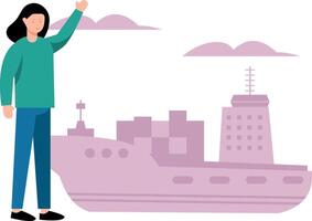 Girl watching boat shipping. vector