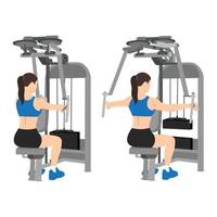 mujer haciendo posterior delt máquina moscas ejercicio. vector