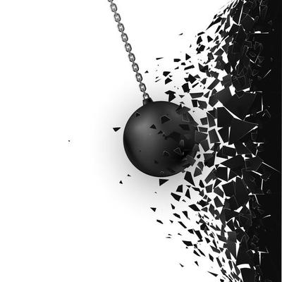 Abstract cloud of pieces and fragments after wall demolition by wrecking ball. Destruction effect. Vector