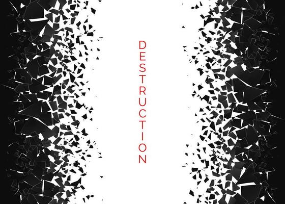 Shatter and destruction effect. Abstract cloud of pieces and fragments after wall explosion. Vector illustration isolated on white background