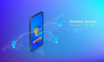 Interface of delivery service isometric banner. Mobile on global map with location pins and routes. gps or navigation on mobile app. Vector illustration