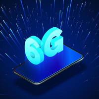 alto velocidad 6g global móvil redes negocio isométrica ilustración teléfono inteligente con Internet holograma y texto 6 g. moderno inalámbrico tecnología. vector