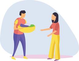 The boy is holding a basket of vegetables. vector