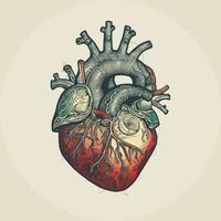 Human heart with veins and arteries. Vector illustration in vintage style.