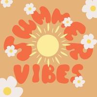 Summer vibes poster in groovy style 70s. .Psychedelic groovy lettering for t-shirt, banner, web and print. Retro poster. Stock vector illustration. Retro 70s. . Vector illustration