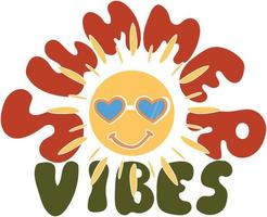 Summer vibes poster in groovy style 70s. .Psychedelic groovy lettering for t-shirt, banner, web and print. Retro poster. Stock vector illustration. Retro 70s. . Vector illustration