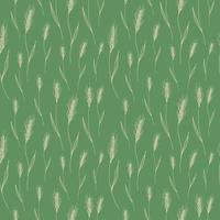 Seamless repeating pattern with ears of wheat on a green background. Floral ornament with an ear of wheat, background with cereals. Drawn by hand. Vector illustration