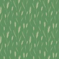 Seamless repeating pattern with ears of wheat on a green background. Floral ornament with an ear of wheat, background with cereals. Drawn by hand. Vector illustration