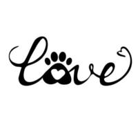 Text Love with heart shape, paw symbol isolated on white background. Creative dog lovers, print, poster. Positive animal care object. Vector illustration