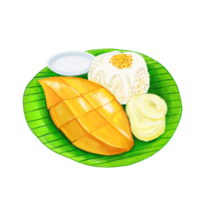 acuarela y dibujo para mango pegajoso arroz con vainilla hielo crema y Coco leche. tailandés cocina y postre. digital pintura de comida ilustración regional comida png