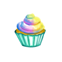 Watercolor and drawing for fresh sweet colorful rainbow cupcake igital painting of homemade bakery, dessert and food illustration. png