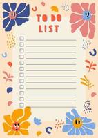 Daily check list planner, note paper, to do list decorated with cute cartoon doodle flowers and botanical illustrations and inspirational quote. School scheduler and organizer. Flat vector