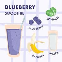 Illustration of healthy blueberry smoothie recipe with ingredients on light background. Can be used as menu element for cafe or restaurant. vector