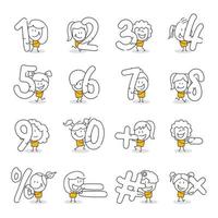 Stick figures. Numbers. Hand drawn doodle line art cartoon design character. vector