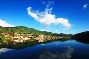 Beautiful landscape village on mountain and blue sky reflection in lake and river at Meahongson province, Thailand photo