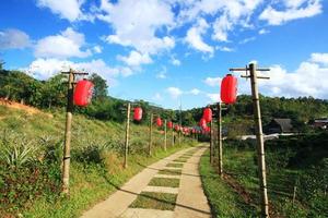 hermosa rojo papel chino linternas decoración en pasarela de sotavento vino Ruk tailandés recurso situado en el montaña, Tailandia foto