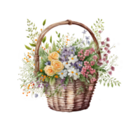 Watercolor summer flowers in basket. png