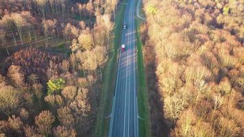 Visão a partir de a altura do a tráfego em a estrada cercado de outono floresta video