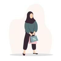 mujer de compras. niña árabe feliz cargando bolsas. ilustración de dibujos animados de vector aislado sobre fondo blanco. plantilla de promoción y venta.