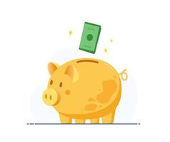 oro cerdito banco con que cae billete salvar dinero concepto. inversiones en futuro. financiero símbolo. bancario o negocio servicios. vector ilustración en plano dibujos animados estilo