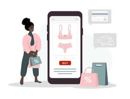 Online shopping on website or mobile app. African woman buys modern underwear at online lingerie store. The product catalog on the web browser page. Vector illustration in flat cartoon style
