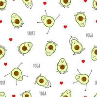 Seamless pattern of Avocado yoga. Avocado character design on white background. Yoga for pregnant women. Cute illustration for greeting cards, stickers, fabric, websites and prints. vector