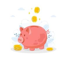 Piggy bank with falling coins. Save money concept. Investments in future. Financial symbol. Banking or business services. Vector illustration in flat cartoon style